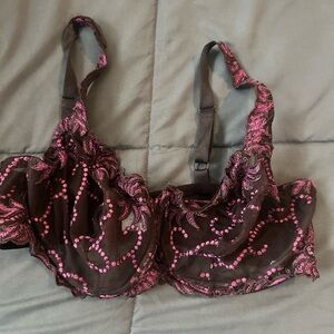Brown & Pink Lace Underwire Bra | Size 38DD | Feminine & Flirty